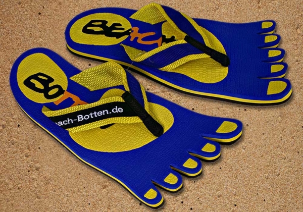 Badelatschen, Zehentrenner, blau, gelb, Modell Foot Party Small, BeachBotten