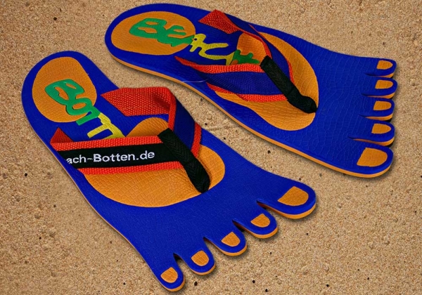 Badelatschen, Zehentrenner, blau, orange, Modell Foot Party Small, BeachBotten