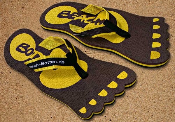 Zehentrenner, Badelatschen, braun, gelb, Modell Foot Party Big, BeachBotten
