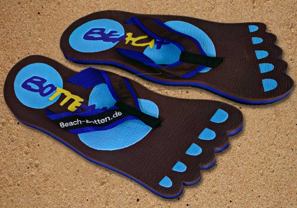 Zehentrenner, Badelatschen, braun, hellblau, Modell Foot Party Big, BeachBotten