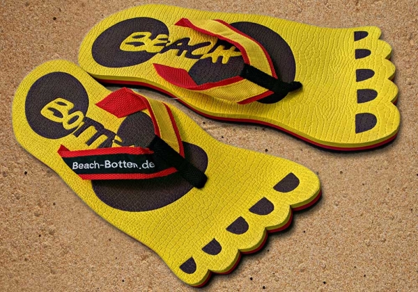 Zehentrenner, Badelatschen, gelb, braun, Modell Foot Party Big, BeachBotten