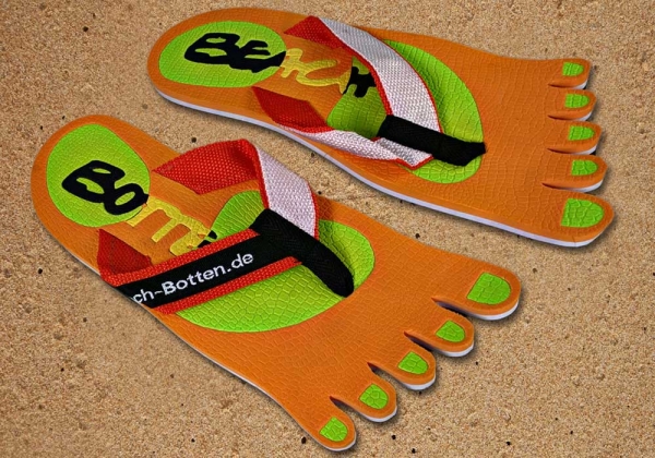Badelatschen, Zehentrenner, orange, hellgrün, Modell Foot Party Small, BeachBotten