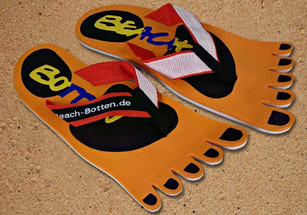 Badelatschen, Zehentrenner, orange, schwarz, Modell Foot Party Small, BeachBotten