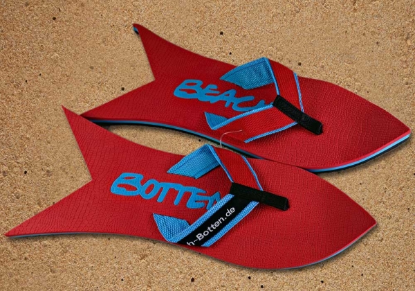 Badetrenner, Zehenschuhe, BeachBotten im Sand stehend, Modell Color Shark, rot