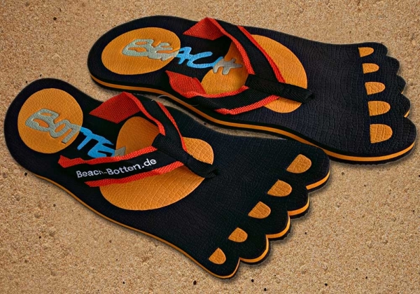 Zehentrenner, Badelatschen, schwarz, orange, Modell Foot Party Big, BeachBotten