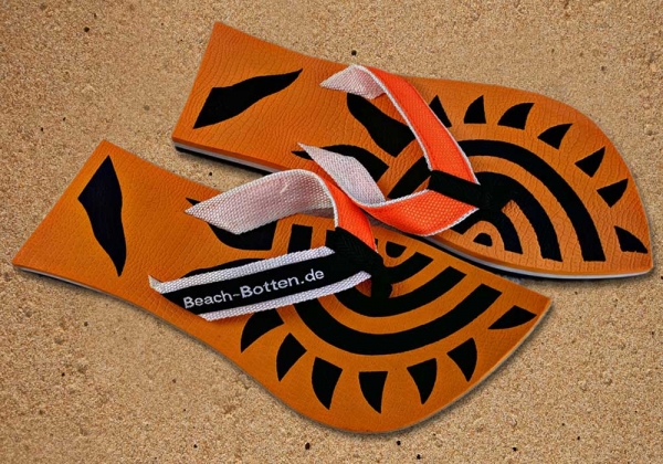 Badelatschen, Zehentanga, BeachBotten auf Sand, Modell Eye Flow, orange, schwarz