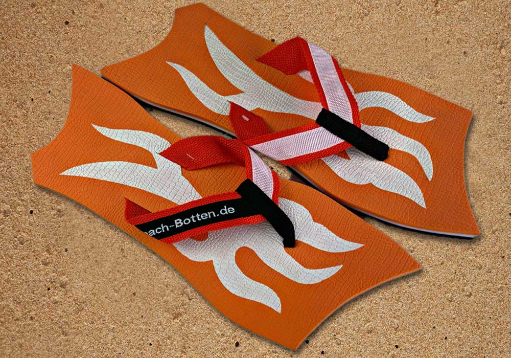 Zehenschuhe, Badelatschen, BeachBotten im Sand, Modell Multi Twist, orange, weiß