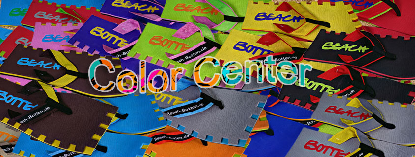 buntes, farbenfrohes Bild von Zehentrennern, Badelatschen, Sortiment vom Modell Color Center