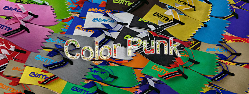 buntes, farbenfrohes Bild von Zehentrennern, Badelatschen, Sortiment vom Modell Color Punk