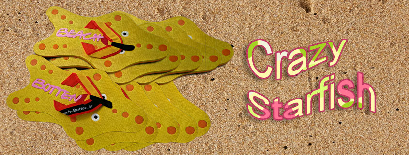 buntes, farbenfrohes Bild von Zehentrennern, Badelatschen, Sortiment vom Modell Crazy Starfish