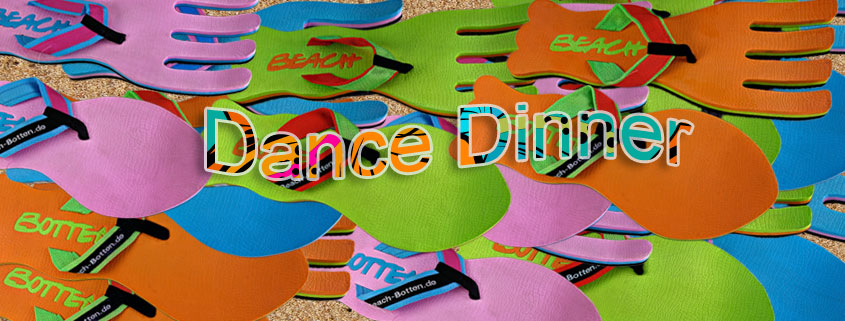 buntes, farbenfrohes Bild von Zehentrennern, Badelatschen, Sortiment vom Modell Dance Dinner
