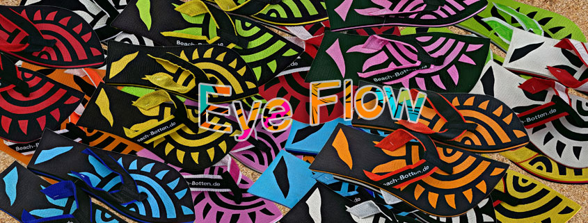 buntes, farbenfrohes Bild von Zehentrennern, Badelatschen, Sortiment vom Modell Eye Flow
