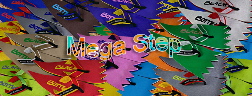 buntes, farbenfrohes Bild von Zehentrennern, Badelatschen, Sortiment vom Modell Mega Step
