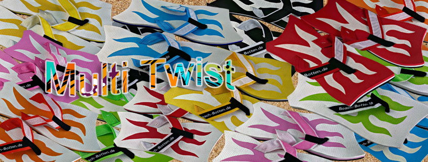 buntes, farbenfrohes Bild von Zehentrennern, Badelatschen, Sortiment vom Modell Multi Twist