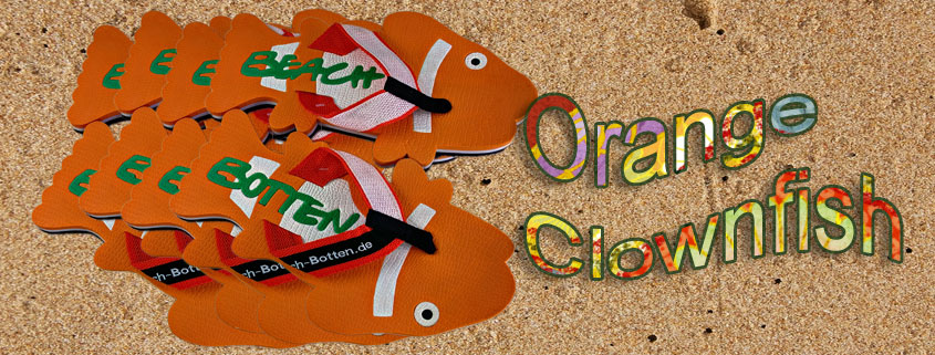 buntes, farbenfrohes Bild von Zehentrennern, Badelatschen, Sortiment vom Modell Orange Clownfish