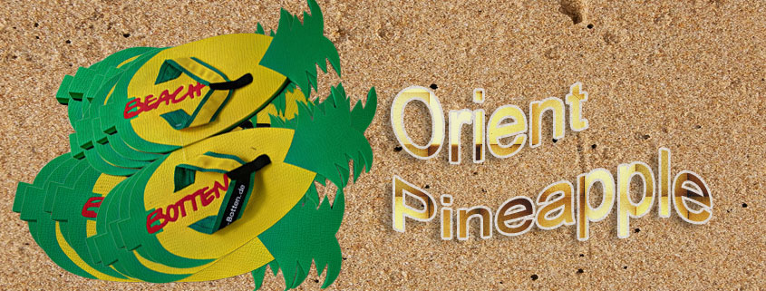 buntes, farbenfrohes Bild von Zehentrennern, Badelatschen, Sortiment vom Modell Orient Pineapple